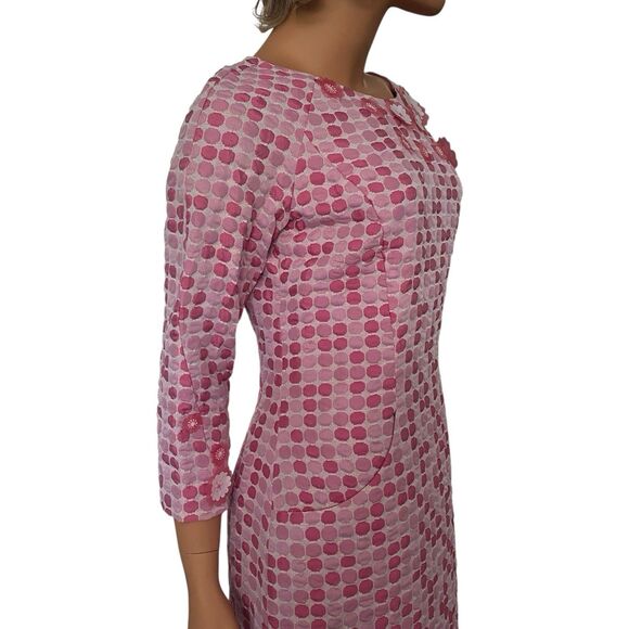 Vtg Thick Poly Mod Floral Pink Shift Dress Poka Dot Pockets Lined Boat Collar 3D - Picture 6 of 16